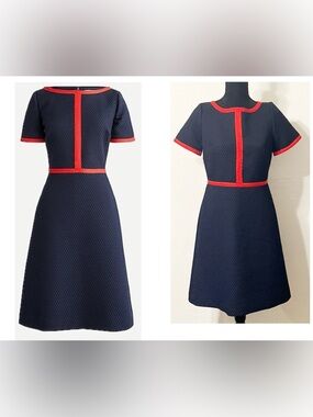 J Crew Matelassé Dress Textured Navy Blue with Contrast Piping A-Line Shift